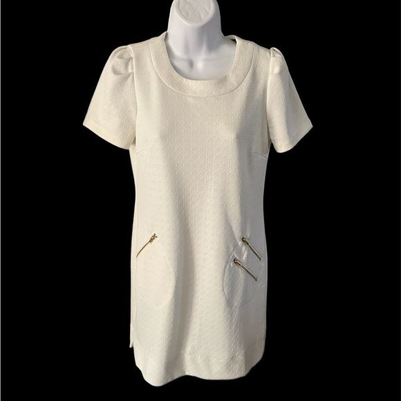 #108 Sweet Rain fitted little off white dress gold accent zippers - Picture 1 of 11